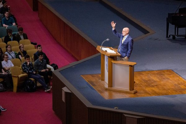 David Strope, Interim National Representative for GARBC, speaks in Chapel, Campus Life, Bob Jones University, Greenville, SC, February 28, 2023 (Derek Eckenroth)