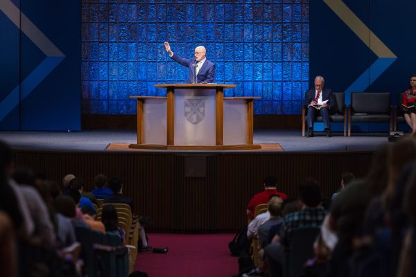 David Strope, Interim National Representative for GARBC, speaks in Chapel, Campus Life, Bob Jones University, Greenville, SC, February 28, 2023 (Derek Eckenroth)