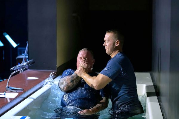 new-believer-baptism-jeff-bartz-1 Jeff Bartz, pastor of Grace Baptist, baptizes new believer Tom Englerth.