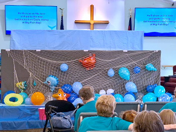 Big Fish Bay puppet stage at a church 2021