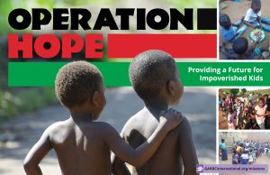 Poster reads "Operation Hope: Providing a Future for Impoverished Kids" There are two shirtless black children facing away from the viewer and looking off into the distance together.