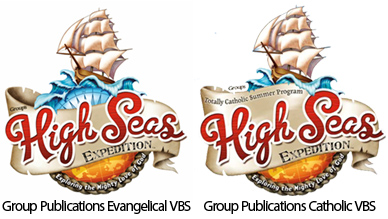  Logo VBS évangélique des Publications du Groupe à côté du logo VBS catholique des Publications du Groupe. Ils sont identiques à l'exception du nom de l'entreprise au-dessus du logo évangélique et du programme d'été Totalement catholique au-dessus du logo catholique.